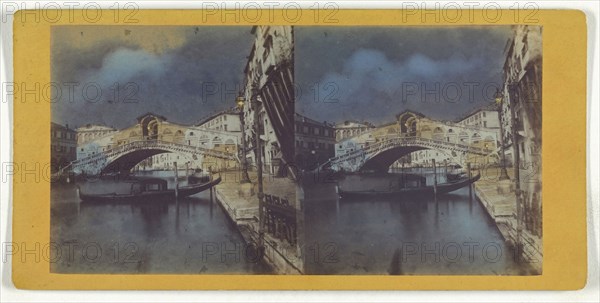 Rialto Bridge, Venice; Italian; about 1865; Hand-colored Albumen silver print
