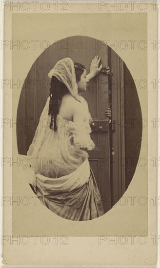 Woman with bare-shoulder gown with hand against a door preventing someone from entering; about 1865; Albumen silver print