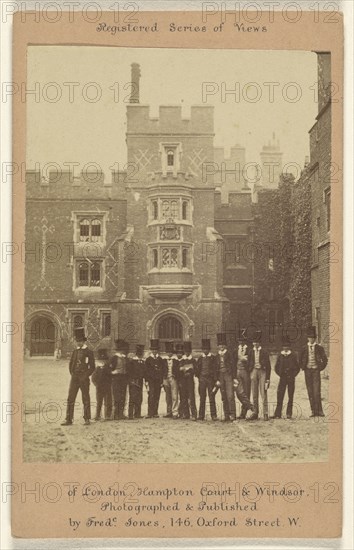 Eton College,Group of men in top hats posing in front of Eton College, England; Frederic Jones, British, active London, England