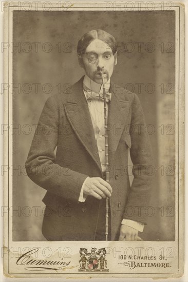 Love on Crutches,Male actor with monocle and a cane to his lips; Cummins, American, active 1870s, about 1880; Platinum print