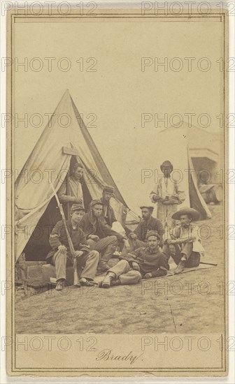 Group of seven soldiers and one black servant at a campsite; Mathew B. Brady, American, about 1823 - 1896, about 1862; Albumen