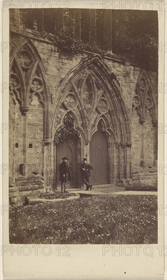 facade at Monmouth, Wales, with two men at front doors; R. Tudor Williams, British, active Monmouth, England 1870s, about 1865