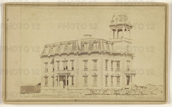 building at San Jose, California, with a large group of people at right foreground; James A. Clayton, American, 1831 - 1896