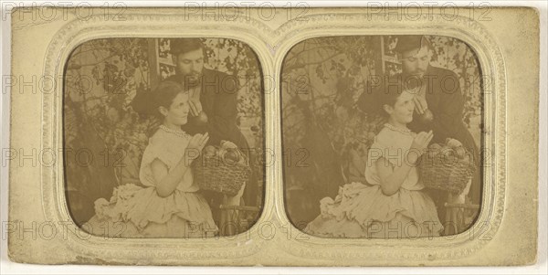 couple: bearded man holding a single piece of fruit with a woman holding a basket of fruit; about 1865; Hand-colored Albumen