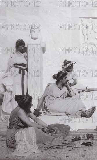 Four Figures in Classical Ancient Roman Costumes; Guido Rey, Italian, 1861 - 1935, about 1885; Platinum print; 14.8 × 9 cm