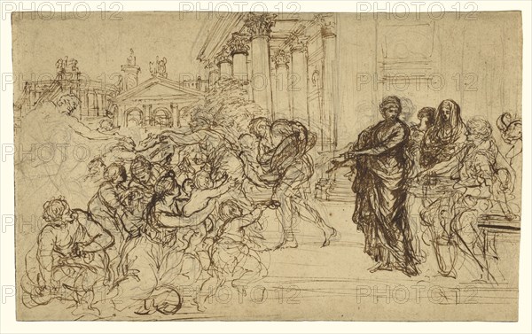 Saint Cecilia Giving Alms to the Poor; Pietro da Cortona, Italian, 1596 - 1669, about 1635 - 1640; Pen and brown ink over black