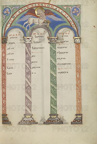 Canon Table Page; Helmarshausen, Germany; about 1120 - 1140; Tempera colors, gold, and silver on parchment; Leaf: 22.9 x 16.5 cm