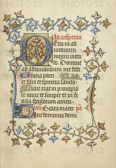 Decorated Initial D; Utrecht, probably, Netherlands; about 1405 - 1410; Tempera colors, gold leaf, and ink on parchment; Leaf