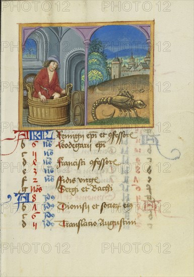 Treading Grapes; Zodiacal Sign of Scorpio; Strasbourg, France; early 16th century; Tempera colors on parchment
