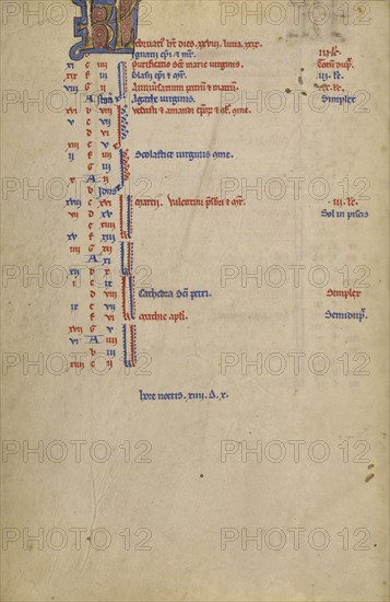 Calendar Page; Lyon, France; begun after 1234 - completed before 1262; Tempera colors and gold leaf on parchment