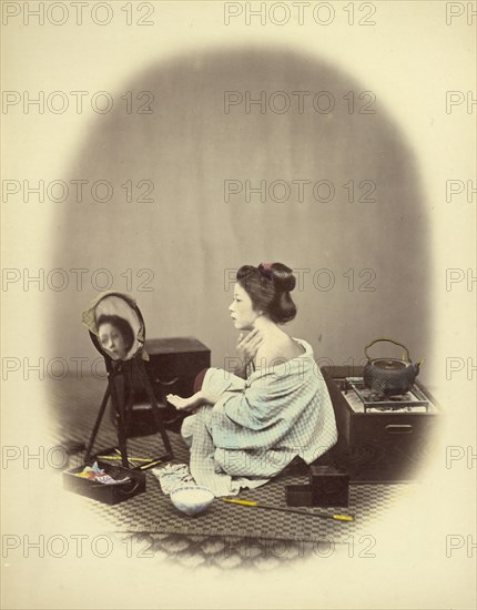 Woman Using Cosmetics; Felice Beato, 1832 - 1909, Japan; 1866 - 1867; Hand-colored Albumen silver print