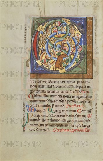 Inhabited Initial C; Hildesheim, Germany; probably 1170s; Tempera colors, gold leaf, silver leaf, and ink on parchment; Leaf