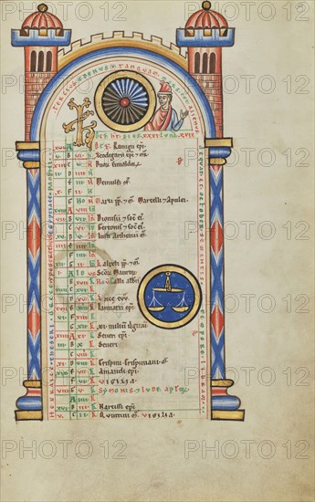 Domitian, ?, Zodiacal Sign of Libra; Hildesheim, Germany; probably 1170s; Tempera colors, gold leaf, silver leaf, and ink