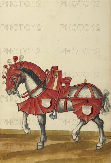 A Horse in Armor; Augsburg, probably, Germany; about 1560 - 1570; Tempera colors and gold and silver paint on paper bound