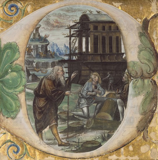 Initial D: Noah Directing the Construction of the Ark; Master B.F., Italian, active about 1495 - 1510, Lombardy, Italy