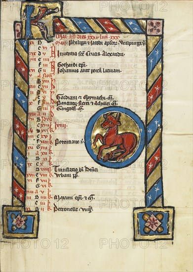 Zodiacal Sign of Taurus; Engelberg, Switzerland; third quarter of 13th century; Tempera colors and gold leaf on parchment