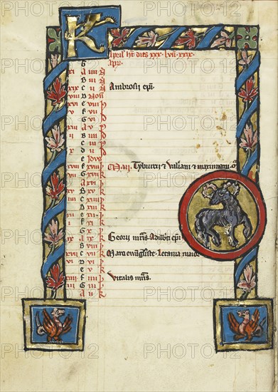 Zodiacal Sign of Aries; Engelberg, Switzerland; third quarter of 13th century; Tempera colors and gold leaf on parchment; Leaf