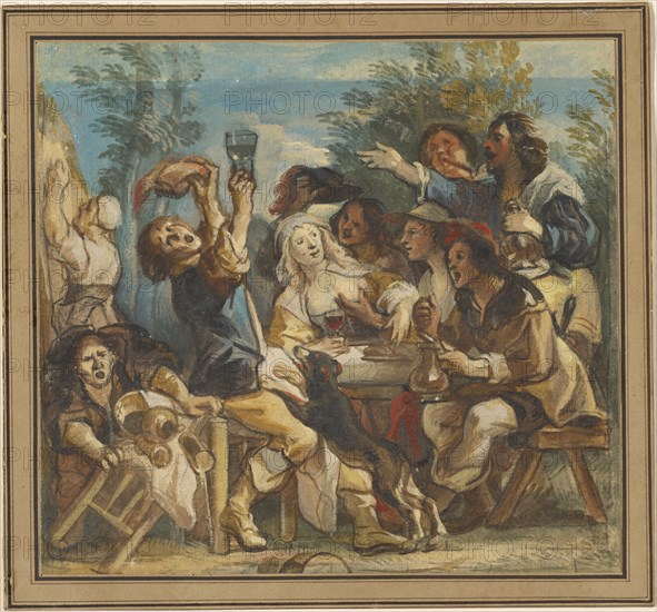 A Merry Company; Jacob Jordaens, Flemish, 1593 - 1678, about 1644; Watercolor over black chalk, heightened with white gouache