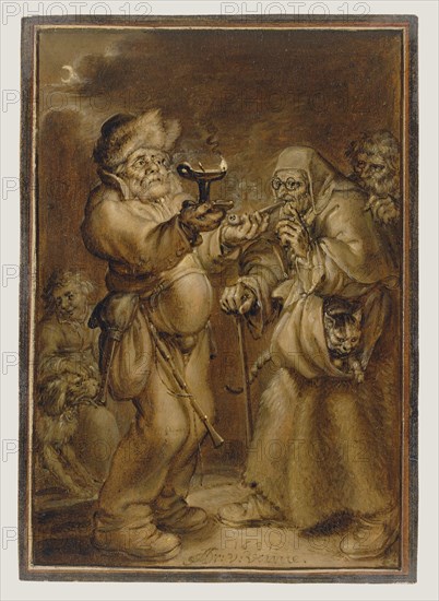 Moralizing Scene with an Old Woman and a Man; Adriaen van de Venne, Dutch, 1589 - 1662, 1631; Oil on paper; 16.7 x 11.4 cm