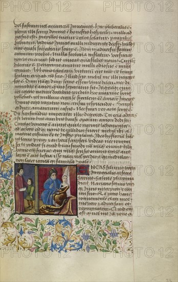 Lucretia Listening to a Man; France; about 1460 - 1470; Tempera colors, gold leaf, gold paint, and ink on parchment