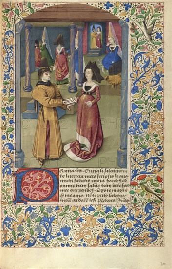 Euryalus Sends His First Letter to Lucretia; France; about 1460–1470; Tempera colors, gold leaf, gold paint, and ink