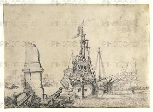 A Ship in a Port with a Ruined Obelisk; Pierre Puget, French, 1620 - 1694, 1675 - 1680; Pen and black ink and black chalk