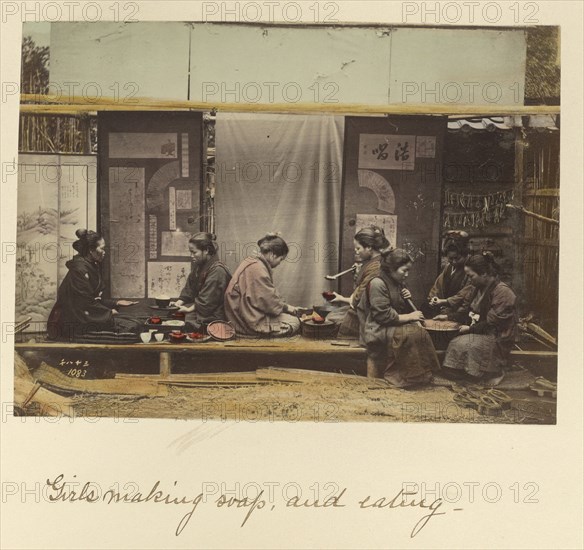 Girls making soap, and eating; Shinichi Suzuki, Japanese, 1835 - 1919, Japan; about 1873 - 1883; Hand-colored Albumen silver