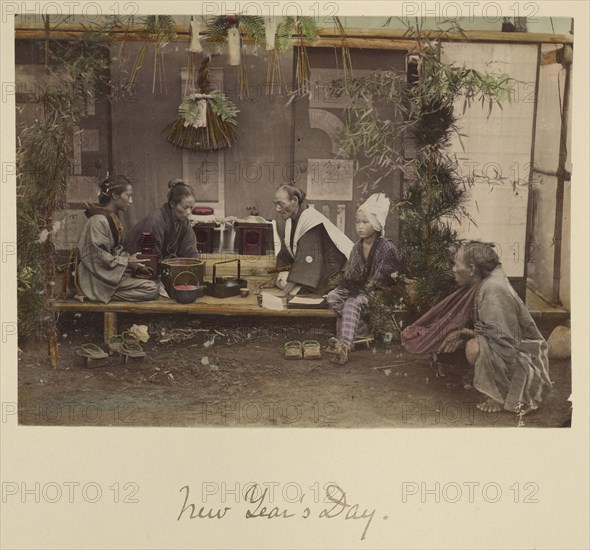 New Year's Day; Shinichi Suzuki, Japanese, 1835 - 1919, Japan; about 1873 - 1883; Hand-colored Albumen silver print