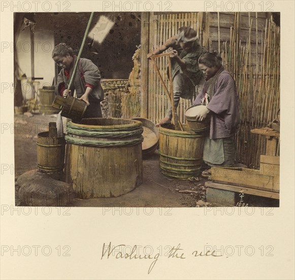 Washing the Rice; Shinichi Suzuki, Japanese, 1835 - 1919, Japan; about 1873 - 1883; Hand-colored Albumen silver print