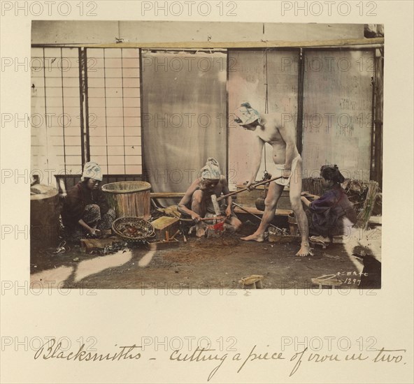 Blacksmiths - Cutting a Piece of Iron in Two; Shinichi Suzuki, Japanese, 1835 - 1919, Japan; about 1873 - 1883; Hand-colored