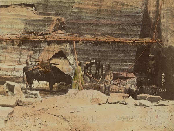 Quarrying Stone; Shinichi Suzuki, Japanese, 1835 - 1919, Japan; about 1873 - 1883; Hand-colored Albumen silver print