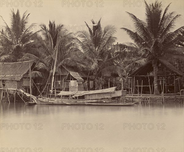 River Dwellings and Boats; Unknown maker; Asia; 1870s - 1880s; Albumen silver print