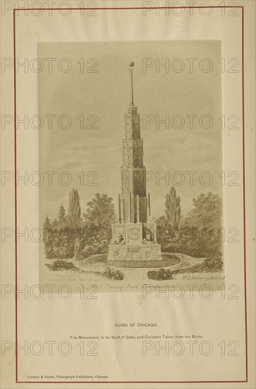 Fire Monument, to be Built of Safes and Columns taken from the Ruins; George N. Barnard, American, 1819 - 1902, Chicago