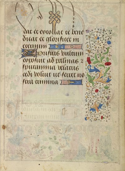 Decorated Text Page; Antwerp, illuminated, Belgium; about 1471; Tempera colors, gold leaf, gold paint, silver paint, and ink