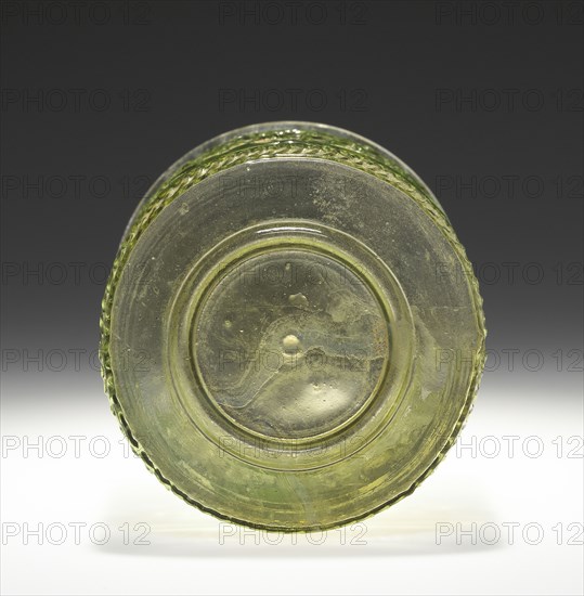 Green Cup with a Greek Inscription:  Rejoice and be merry; Eastern Mediterranean; 1st century; Glass; 7.8 x 7.3 cm