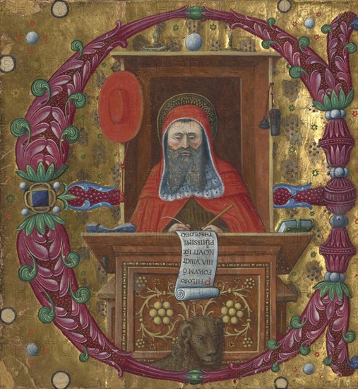 Initial E: Saint Jerome in His Study; Attributed to the Master of the Birago Hours, Italian, active about 1460- about 1480