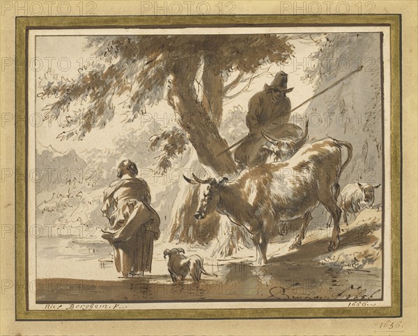 Cows Crossing a Ford with a Couple and a Dog; Nicolaes Berchem, Dutch, 1620 - 1683, 1656; Black chalk, pen and brown ink, brown