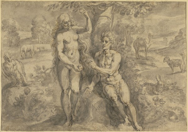 Eve Tempting Adam; Crispijn van den Broeck, Flemish, 1524 - about 1591, 1575; Pen and brown ink, gray wash over traces of black