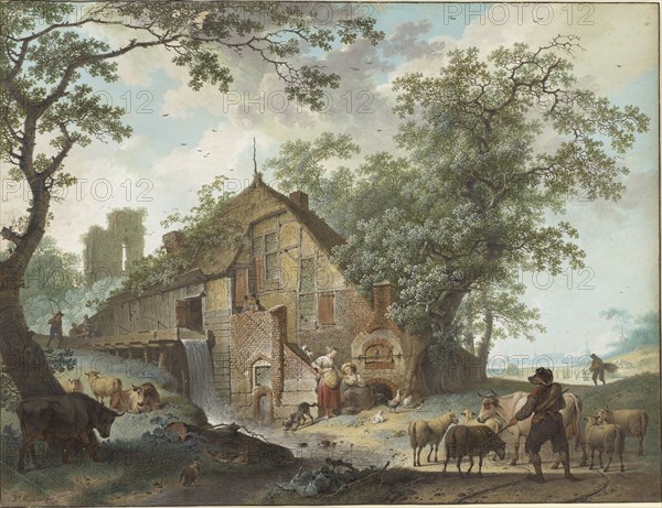 A Summer Scene; Hendrik Meyer, Dutch, 1744 - 1793, 1787; Black chalk, pen and brown ink, gouache, pen and black ink framing