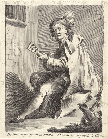 A Seated Man Playing a Guitar; Pietro Antonio Novelli, Italian, 1729 - 1804, about 1760; Pen and gray ink, brush with gray wash