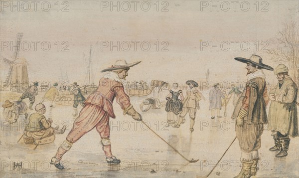 A Winter Scene with Two Gentlemen Playing Colf; Hendrick Avercamp, Dutch, 1585 - 1634, Netherlands; about 1615 - 1620; Pencil