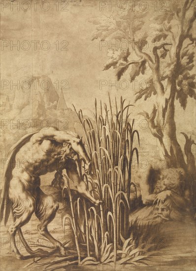 Pan cuts the reed into which the nymph Syrinx has turned; School of Fontainebleau; France; mid-16th century; Pen and brown ink