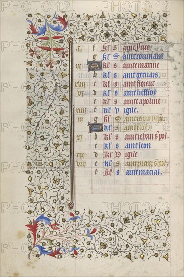 Calendar Page; Paris, France; about 1415 - 1420; Tempera colors, gold paint, gold leaf, and ink on parchment; Leaf: 20.5 x 14.8