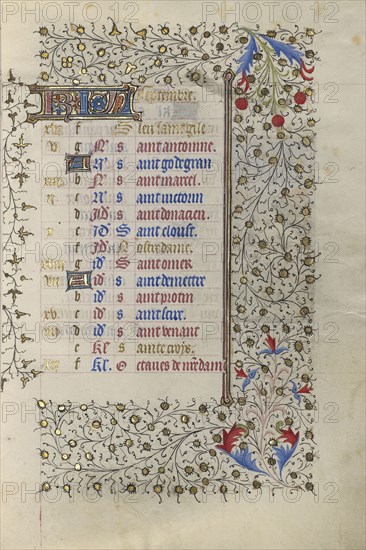 Calendar Page; Paris, France; about 1415 - 1420; Tempera colors, gold paint, gold leaf, and ink on parchment; Leaf: 20.5 x 14.8