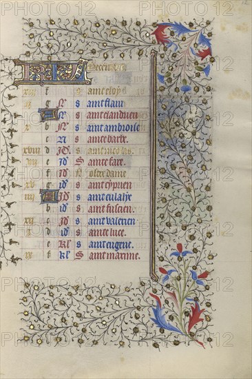 Calendar Page; Paris, France; about 1415 - 1420; Tempera colors, gold paint, gold leaf, and ink on parchment; Leaf: 20.5 x 14.8