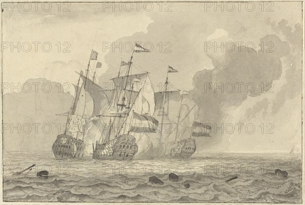 A Battle at Sea; Ludolf Backhuyzen, Dutch, 1631 - 1708, The Netherlands; 1692; Black chalk, gray ink and wash; 11.9 x 17.7 cm