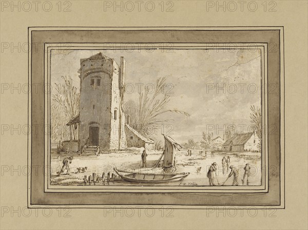 Winter Landscape with Tower; Esaias van de Velde, Dutch, 1587 - 1630, Holland, Europe; about 1613 - 1614; Pen and brown ink