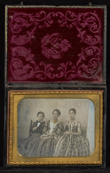Horizontal Portrait of Two Seated Women and a Boy; Mexico; about 1850s; Hand-colored Daguerreotype