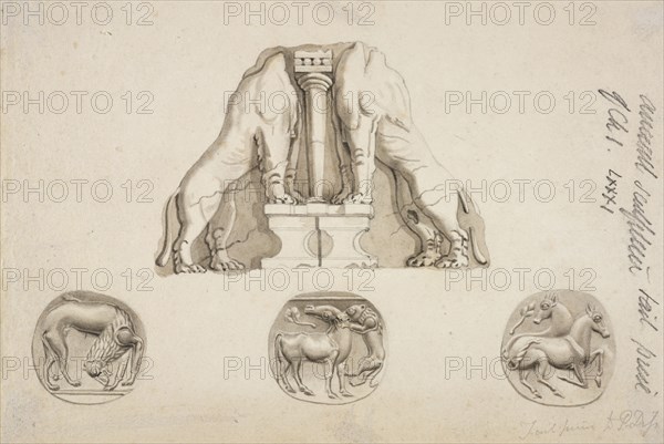 Two headless lions from the gateway of Mycenae and three gems depicting animals, Society of Dilettanti drawings, prints