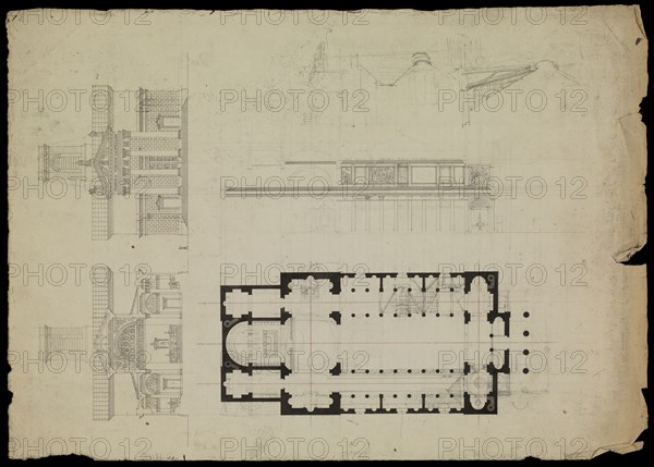 Notre Dame de Lorette Paris, France, preliminary design, Hippolyte Le Bas architectural drawings, ca. 1823-1829, Le Bas